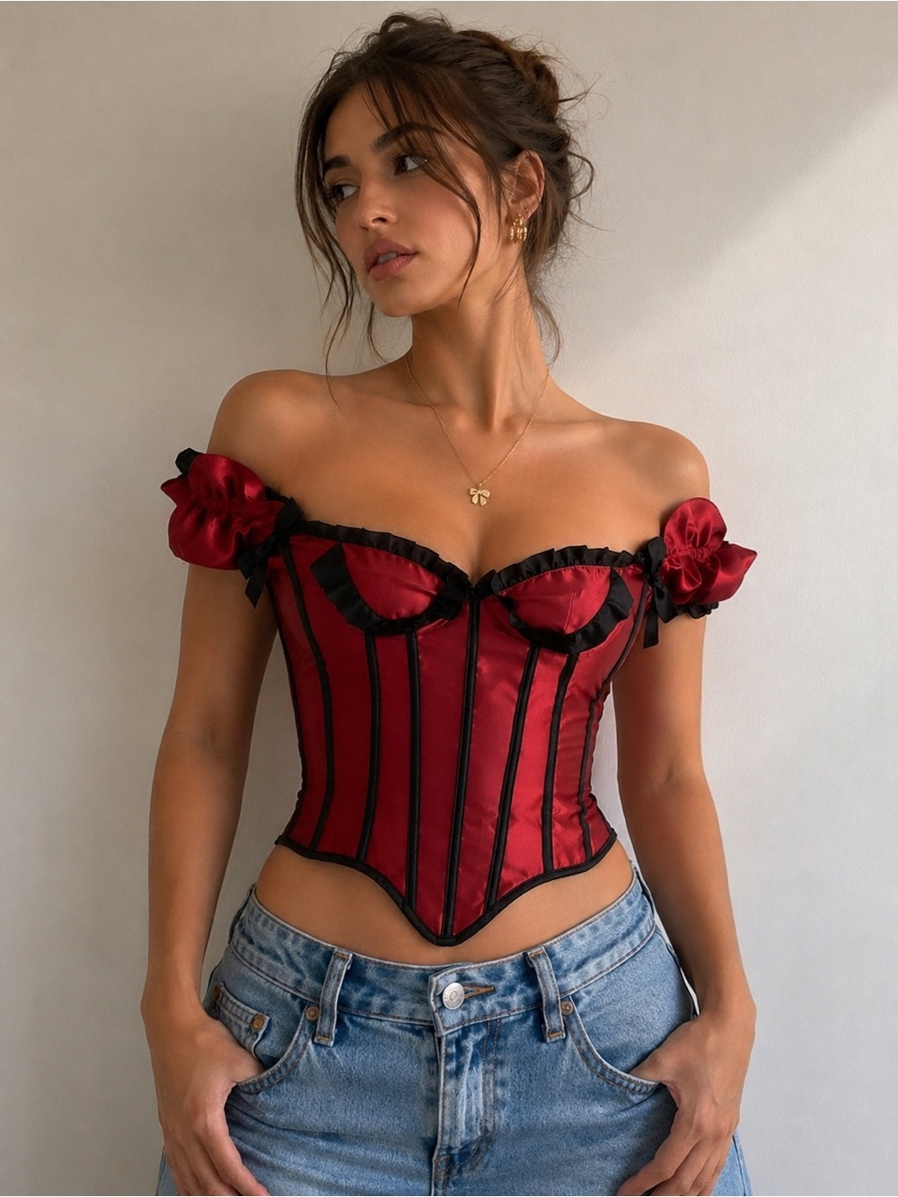 Red &  black gothic style boned corset with ribbon and frilly details M